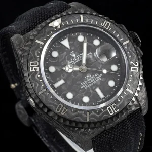 Wrist shot of carbon Sea-Dweller on black nylon strap