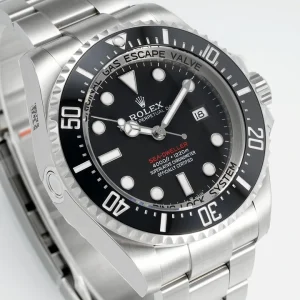 Sea-Dweller 126600 with black dial and bezel, seen from the left on a white background