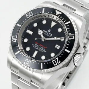 Sea-Dweller 126600 with black dial, red model name and black bezel, three-quarter studio view