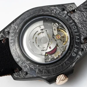 Crown side view with carbon case texture and crown guards visible