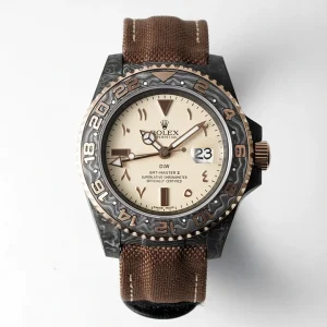 Wrist shot of DiW Carbon GMT-Master on brown nylon strap