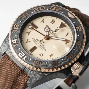 Close-up of yellow dial with luminous Mercedes hands and GMT pointer
