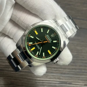 Milgauss 116400GV dial macro showing luminous stick markers