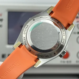 Rolex Milgauss 116400 angled view highlighting green-tinted sapphire crystal