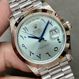Close-up of ice blue dial with applied Arabic numeral markers