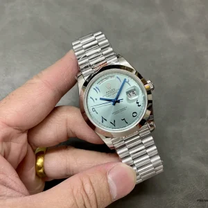 Day-Date 228206 platinum-tone steel case side profile showing domed bezel