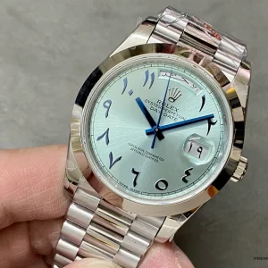 Day display window at twelve o'clock on the 228206 ice blue dial
