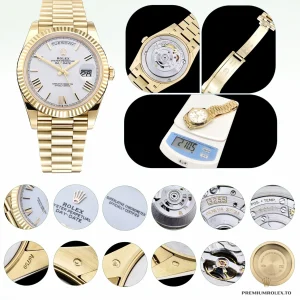 Yellow gold Day-Date with dark dial on President bracelet