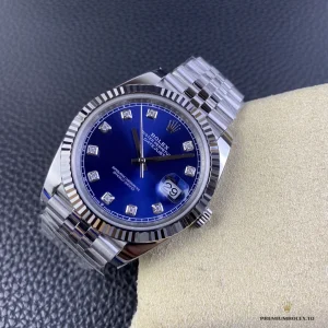 Three-quarter angle showing blue sunburst finish and bezel contrast