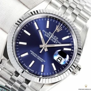 Date window and Cyclops magnification on the blue dial