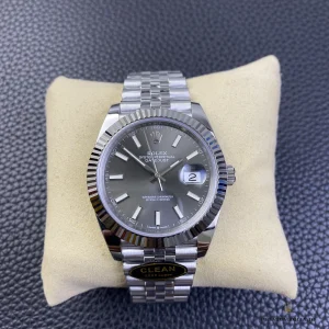 Datejust 126334 at angle showing dark rhodium sunburst dial finish