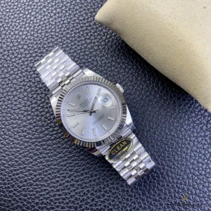 Replica Datejust 126334 angled view highlighting white gold-plated fluted bezel