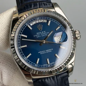 Day-Date 118139HR angled shot showing white gold-plated case and smooth bezel
