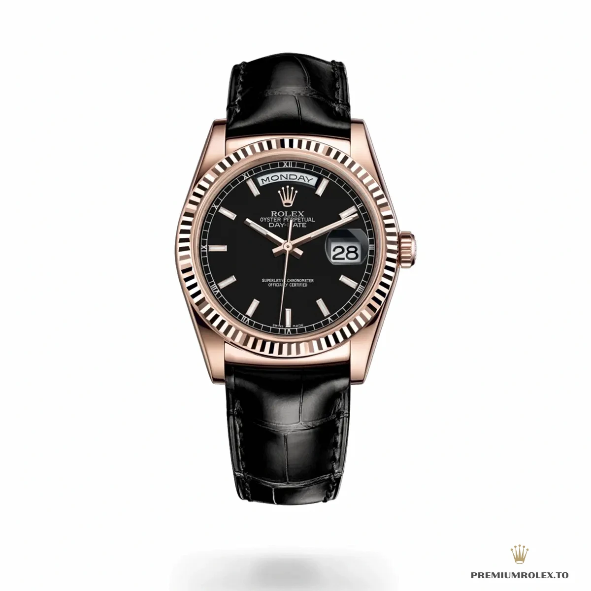 Fake Rolex Day-Date 36mm Rose Gold Black Dial 118135CH - Swiss Movement Replica Watch