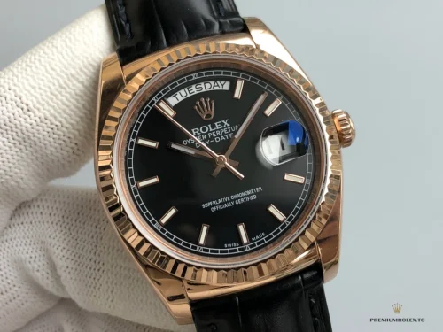 Fake Rolex Day-Date 36mm Rose Gold Black Dial 118135CH - Best Quality Replica Watch