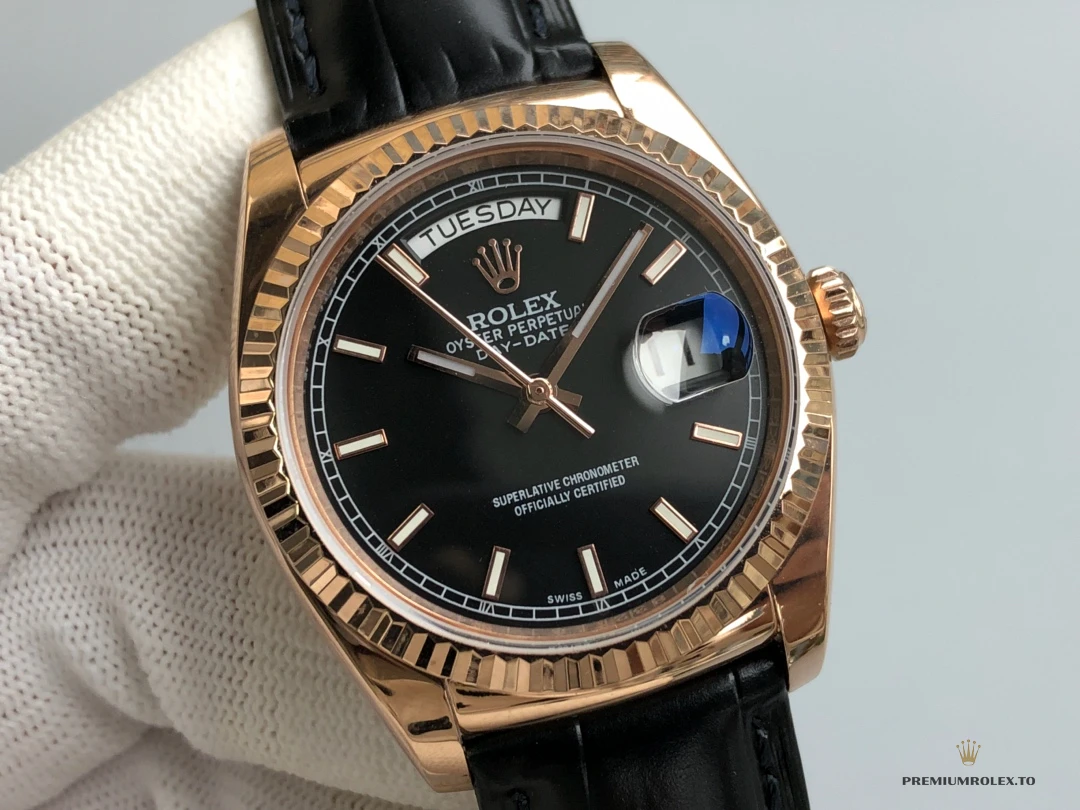 Fake Rolex Day-Date 36mm Rose Gold Black Dial 118135CH - Best Quality Replica Watch
