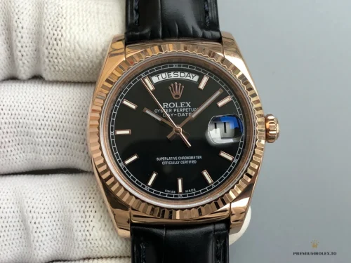 Fake Rolex Day-Date 36mm Rose Gold Black Dial 118135CH - Premium Super Clone Watch