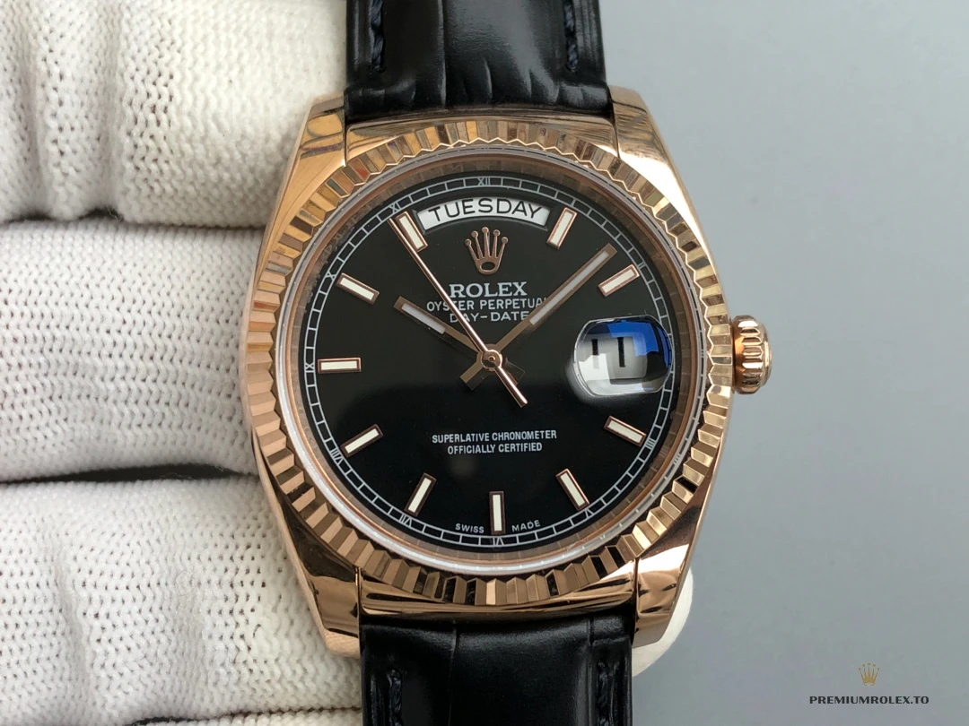 Fake Rolex Day-Date 36mm Rose Gold Black Dial 118135CH - Premium Super Clone Watch