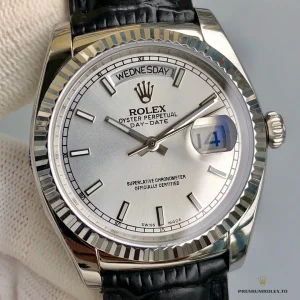 Day-Date 118139 angled shot showing white gold-plated case and smooth bezel