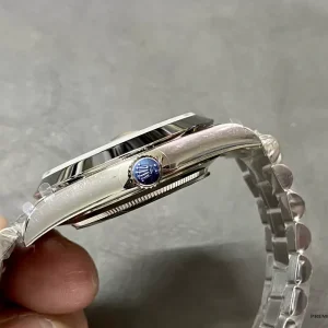 Day-Date 228206 showing smooth domed bezel and platinum-tone finish
