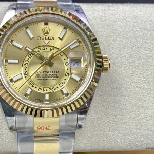Two-tone Sky-Dweller 326933 with champagne sunburst dial, red 904L sticker on the bracelet