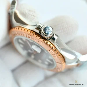 Replica Rolex Yacht-Master 116621 angled view highlighting chocolate dial sunburst finish