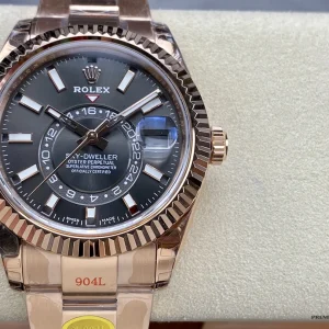 Three-quarter angle of Sky-Dweller 326935 showing Everose gold-plated case geometry