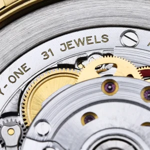 Day-Date M228238 yellow gold-plated Oyster case and fluted bezel from above