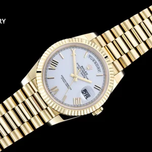 Replica Rolex Day-Date M228238 overhead shot showing full bracelet extension