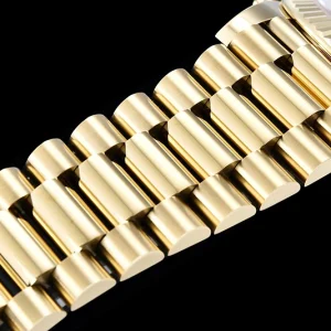 Replica Day-Date M228238 angled view highlighting fluted bezel light reflections