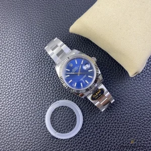 Replica Rolex Datejust 126334 angled view highlighting blue dial sunburst pattern