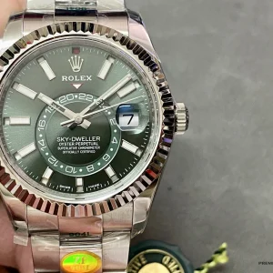 Gold fluted command bezel close-up on Sky-Dweller 326238 with polished edges
