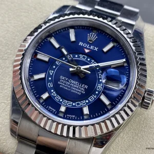 Sky-Dweller 326934 with blue sunburst dial and fluted bezel, close three-quarter view