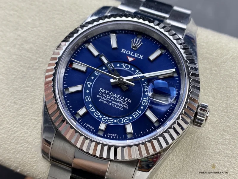 Sky-Dweller 326934 with blue sunburst dial and fluted bezel, close three-quarter view