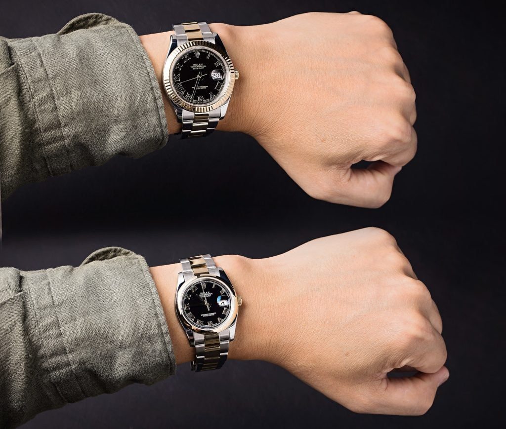 Rolex Datejust 36 versus 41 side by side on wrist showing size difference