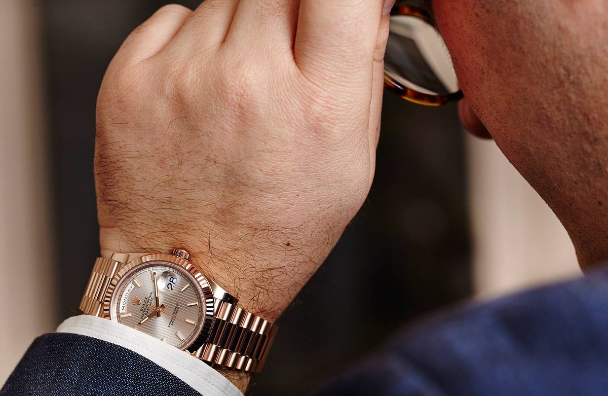 Rolex Day-Date 228235 Everose gold on wrist showing warm rose tone