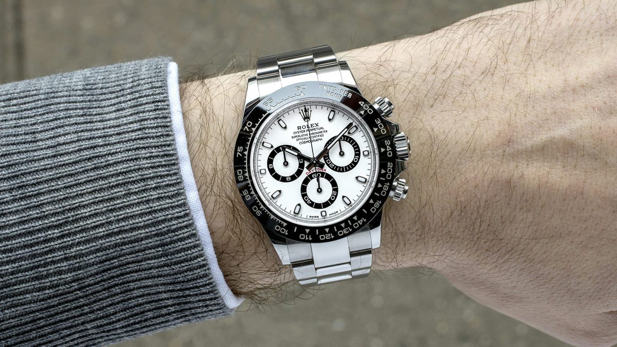 Rolex Daytona 116500LN white Panda dial wrist shot with black ceramic bezel and Oyster bracelet
