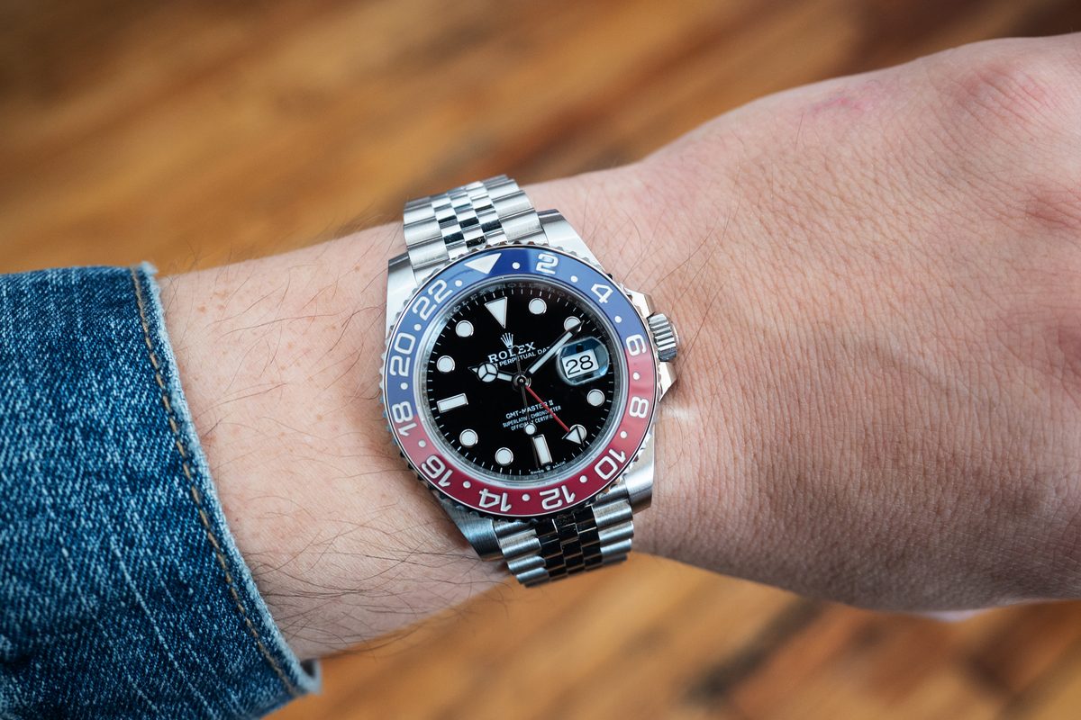 Rolex GMT-Master II Pepsi 126710BLRO wrist shot showing red and blue ceramic bezel with jubilee bracelet