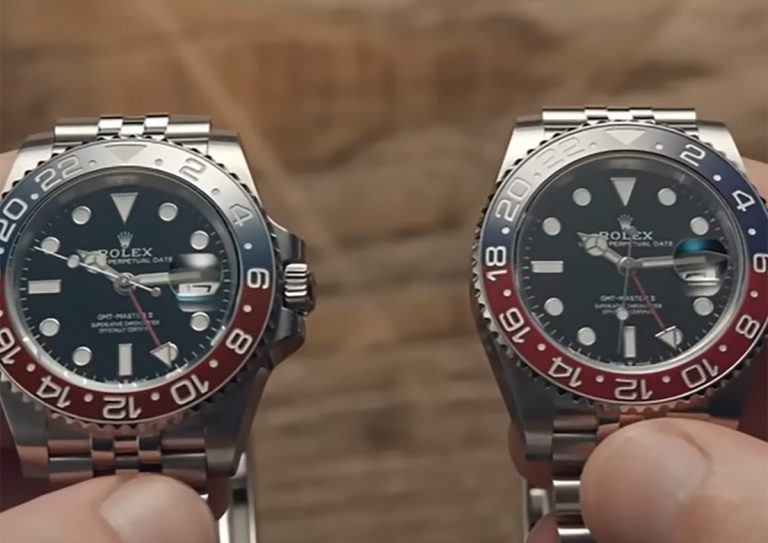 Fake Rolex vs real Rolex GMT-Master Pepsi side by side comparison showing bezel and dial differences