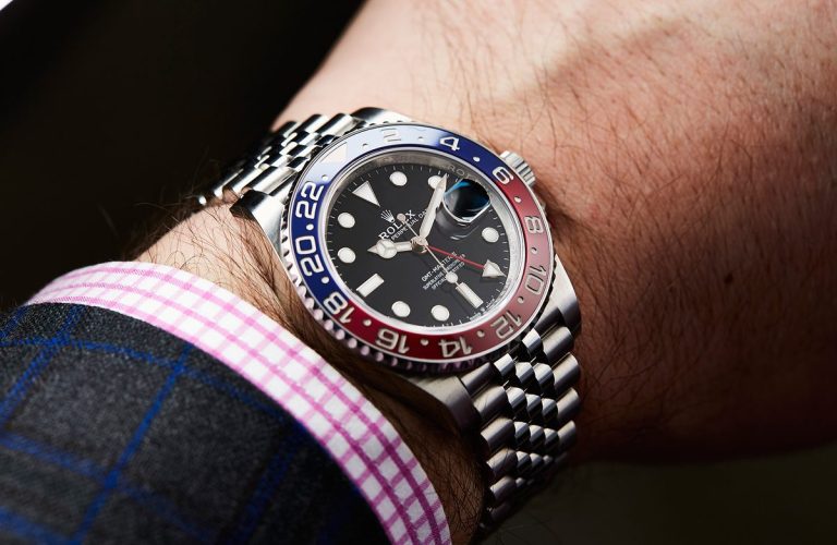 Rolex GMT-Master II Pepsi bezel on Jubilee bracelet — iconic red and blue ceramic
