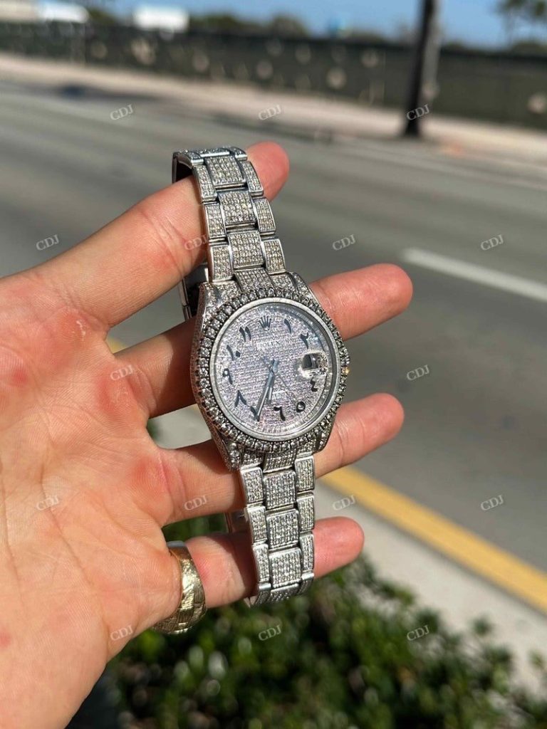 Fully iced out Rolex Datejust with moissanite stones covering case and bracelet