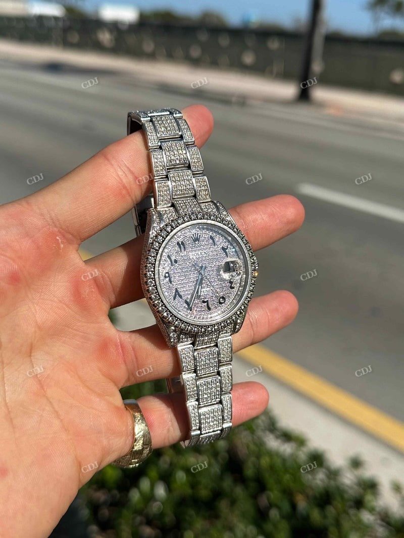 Fully iced out Rolex Datejust with moissanite stones on case bracelet and dial