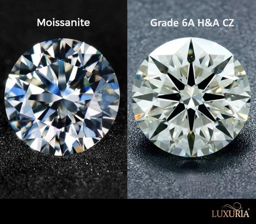 Moissanite vs cubic zirconia stones side by side showing fire and clarity difference