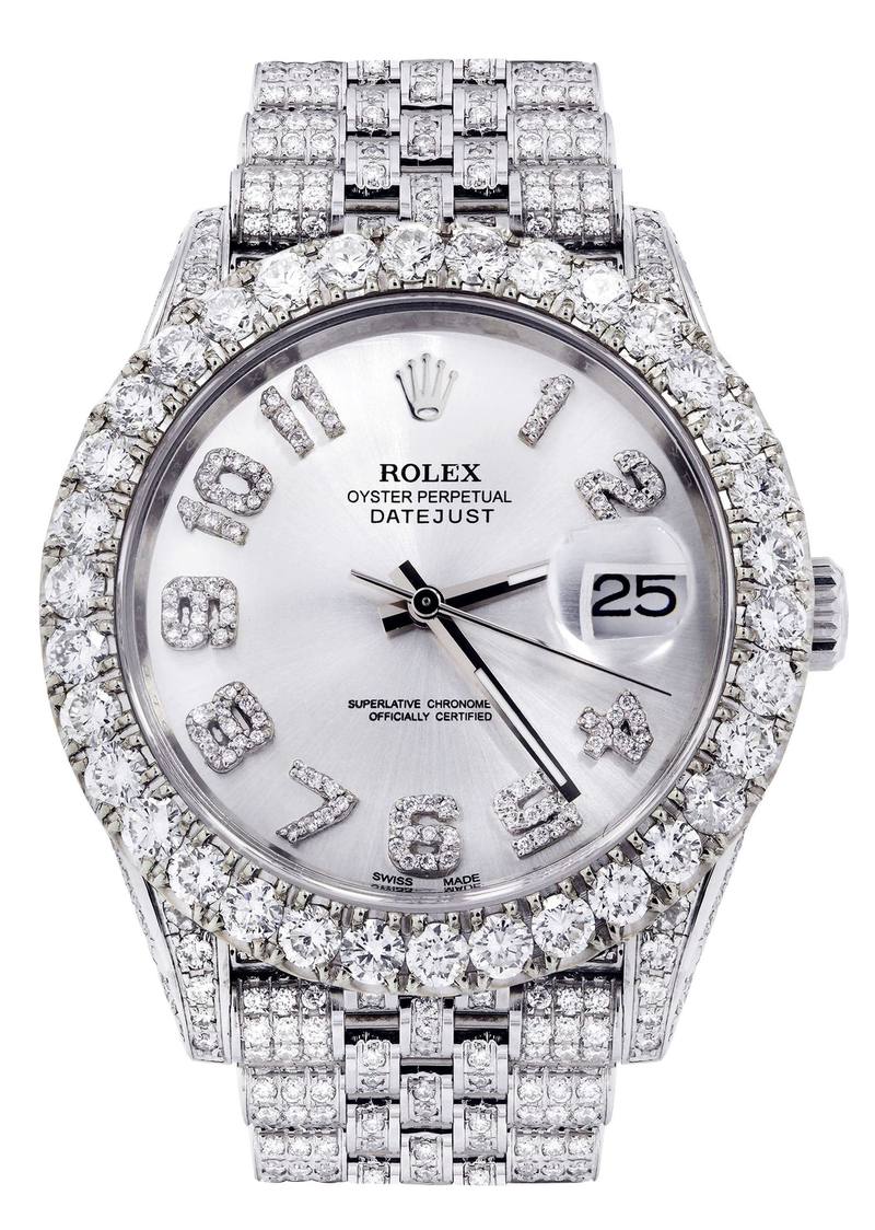 Iced out Rolex Datejust with prong-set diamond bezel and diamond Arabic numerals