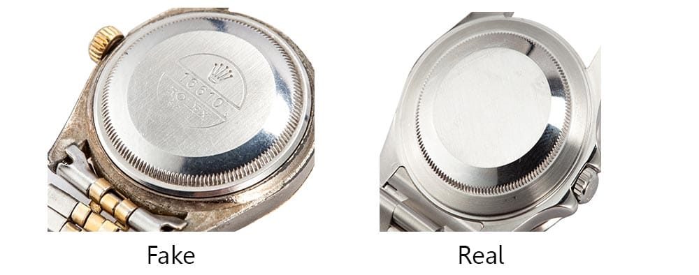 Real vs fake Rolex caseback comparison showing differences in finishing and engravings