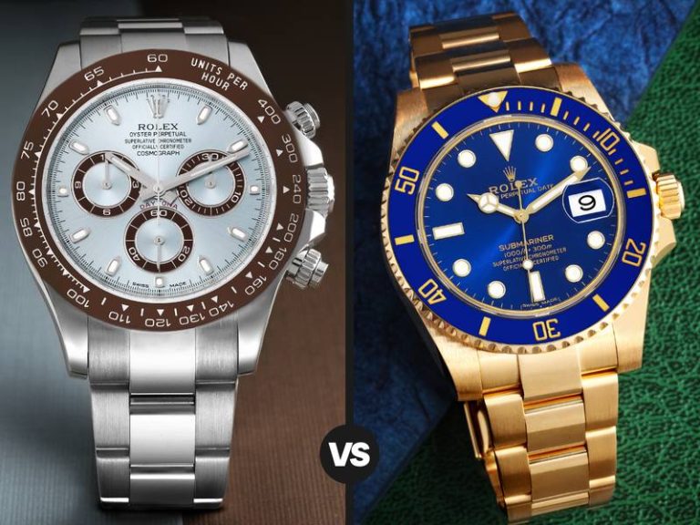 Rolex Daytona and Submariner side by side comparison showing Panda dial and blue gold Sub