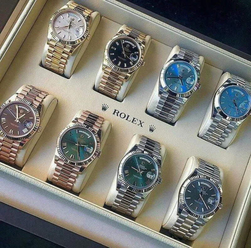 Collection of replica Rolex watches including Submariner, GMT-Master II, and Day-Date models – showcasing variety, craftsmanship, and luxury design.